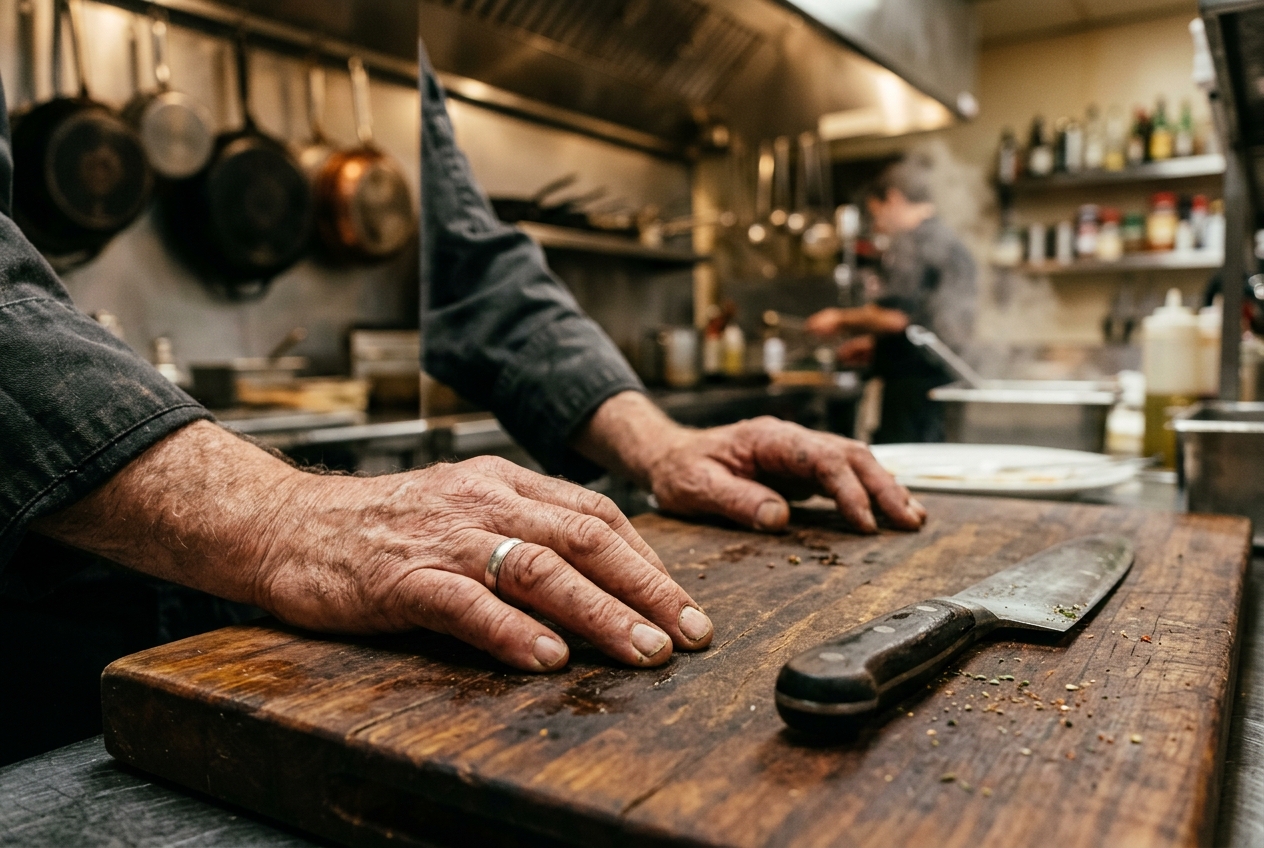 An experienced cook's hands on a well-used wooden cutting board in a working kitchen